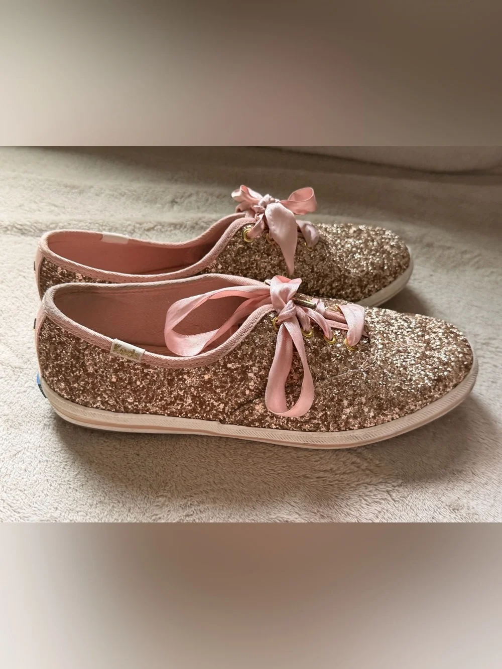 kate spade Keds  Rose Gold Glitter Espadrille Sneakers with Pink Ribbon